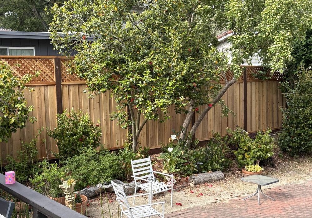Wood lattice fence surrounding garden patio with trees and white chairs